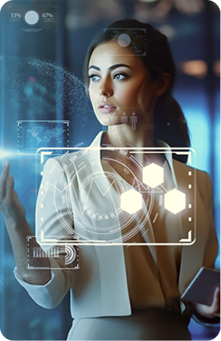 Businesswoman interacting with futuristic digital interface